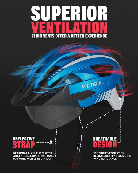 Bike Helmet with USB Rechargeable Rear Light Detachable Magnetic Goggles Removable Sun Visor Mountain & Road Bicycle Helmets for Men Women Adult Cycling Helmets
