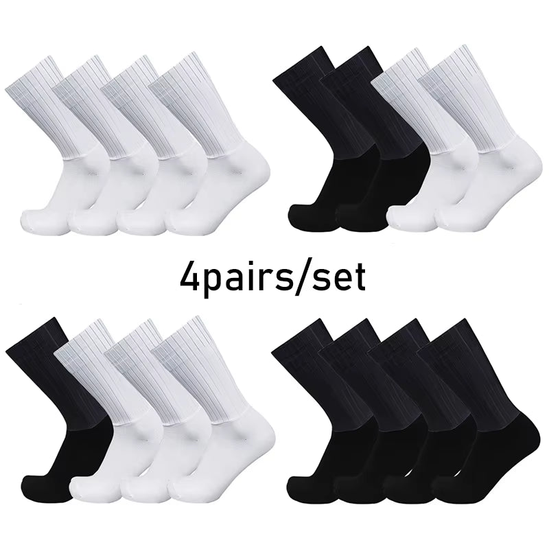Socks 4Pairs/Set Aero Pure Color Cycling Silicone Sports Non-Slip Pro Racing Bicycle Socks Summer Cool Calcetines Ciclismo