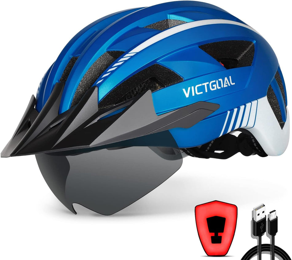 Bike Helmet with USB Rechargeable Rear Light Detachable Magnetic Goggles Removable Sun Visor Mountain & Road Bicycle Helmets for Men Women Adult Cycling Helmets